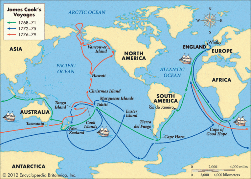 Карта путешествий Джеймса Кука